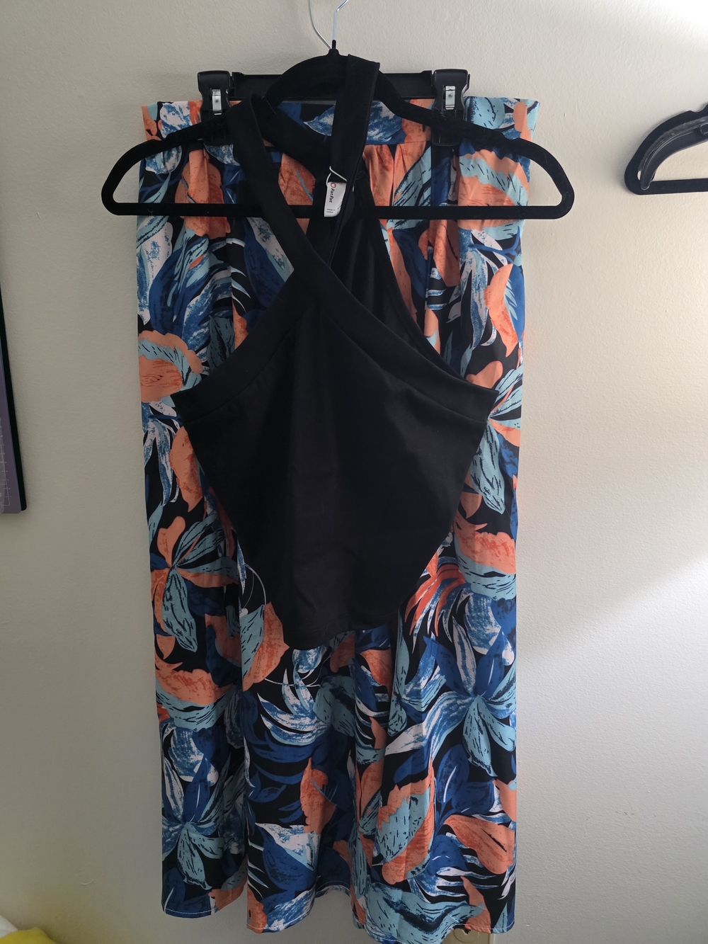 PatPat Black Halter One-Piece with Blue & Coral Tropical Skirt